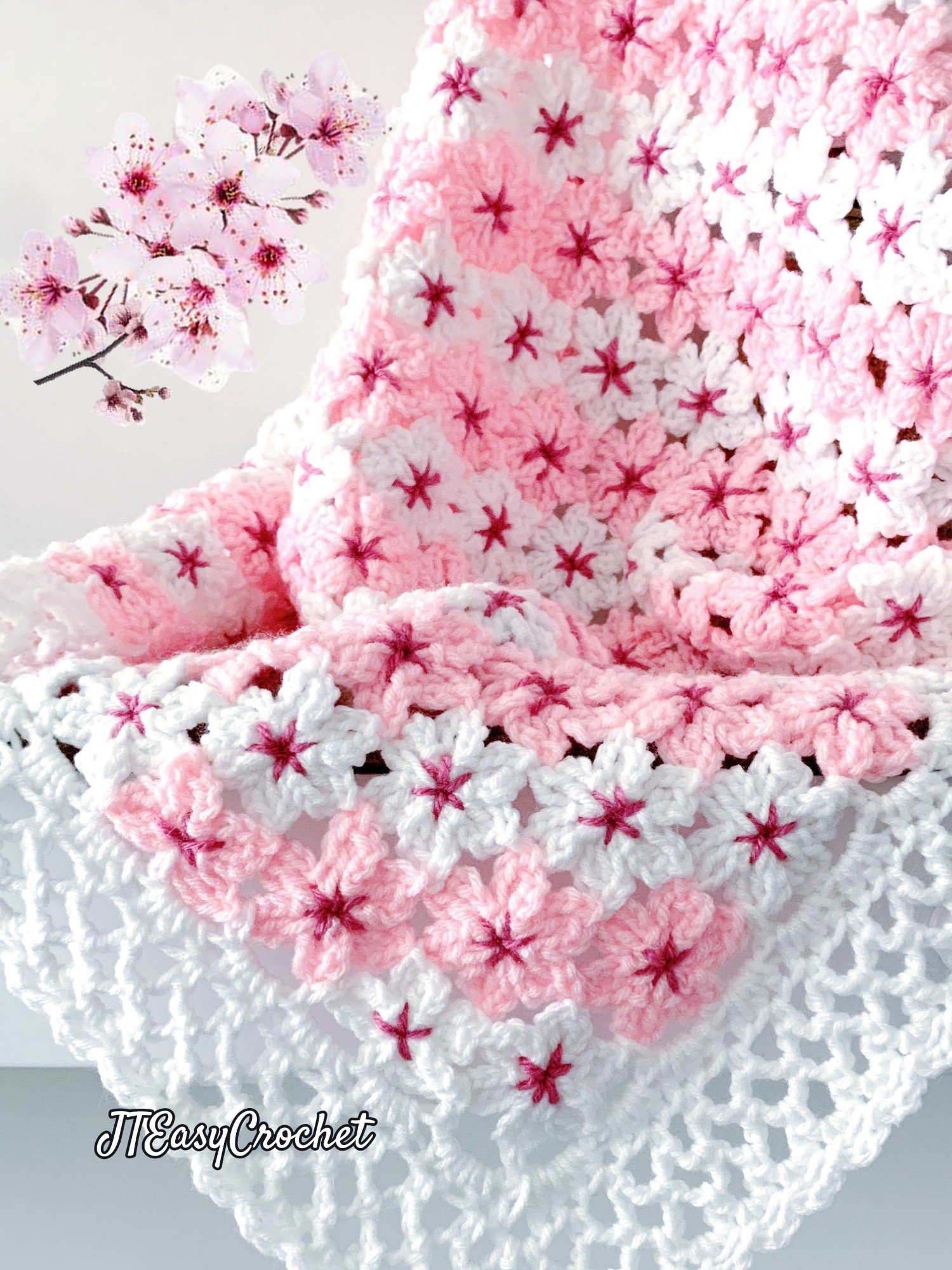 Cherry Blossom Flower Baby Blanket, Sakura Flower Motif Crochet Pattern for Floral Throw Blanket product image (11)