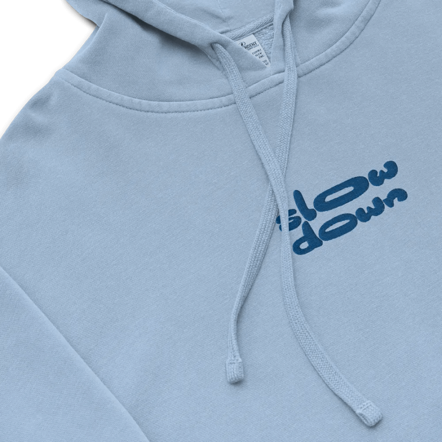 Powder Blue Embroidered 'Slow Down' Pigment-Dyed Hoodie product image (3)