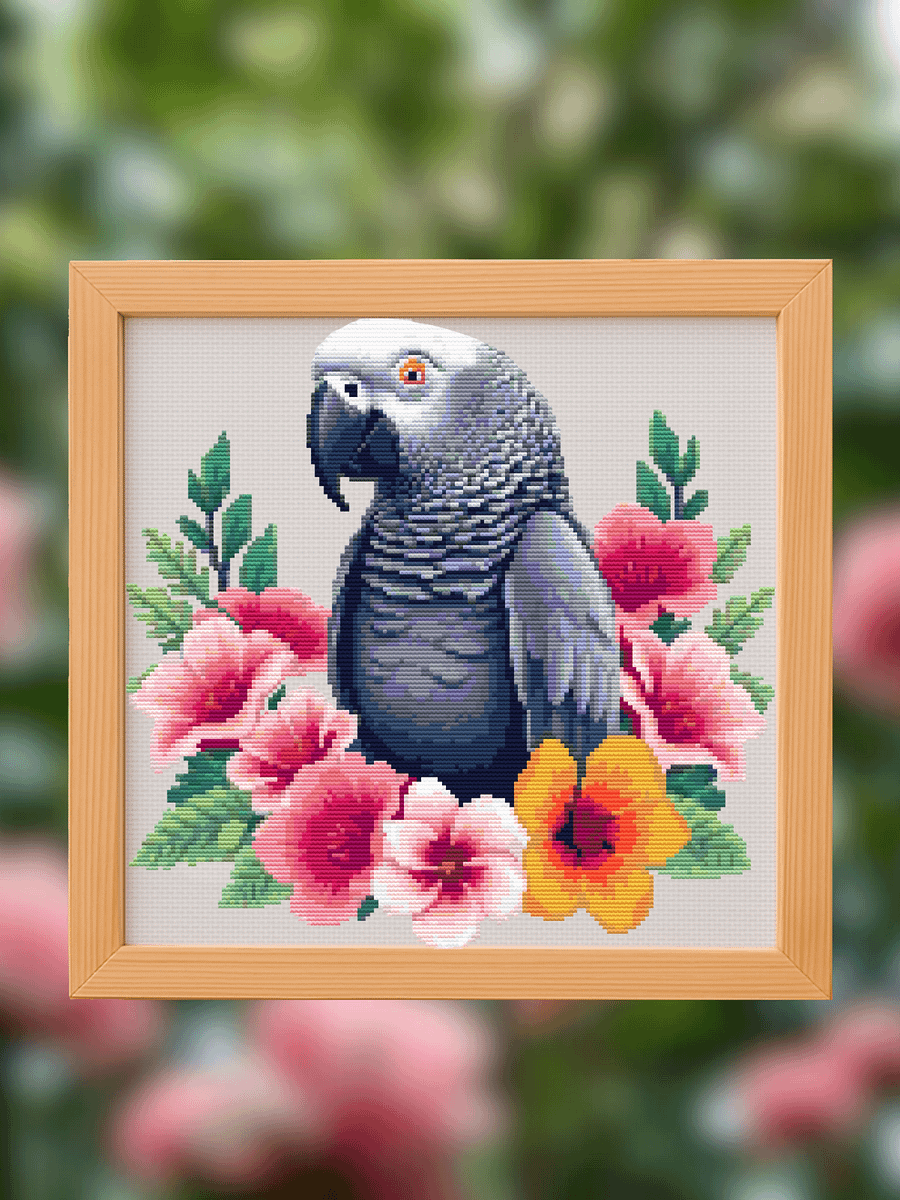 Floral African Grey Parrot Cross Stitch Pattern product image (1)