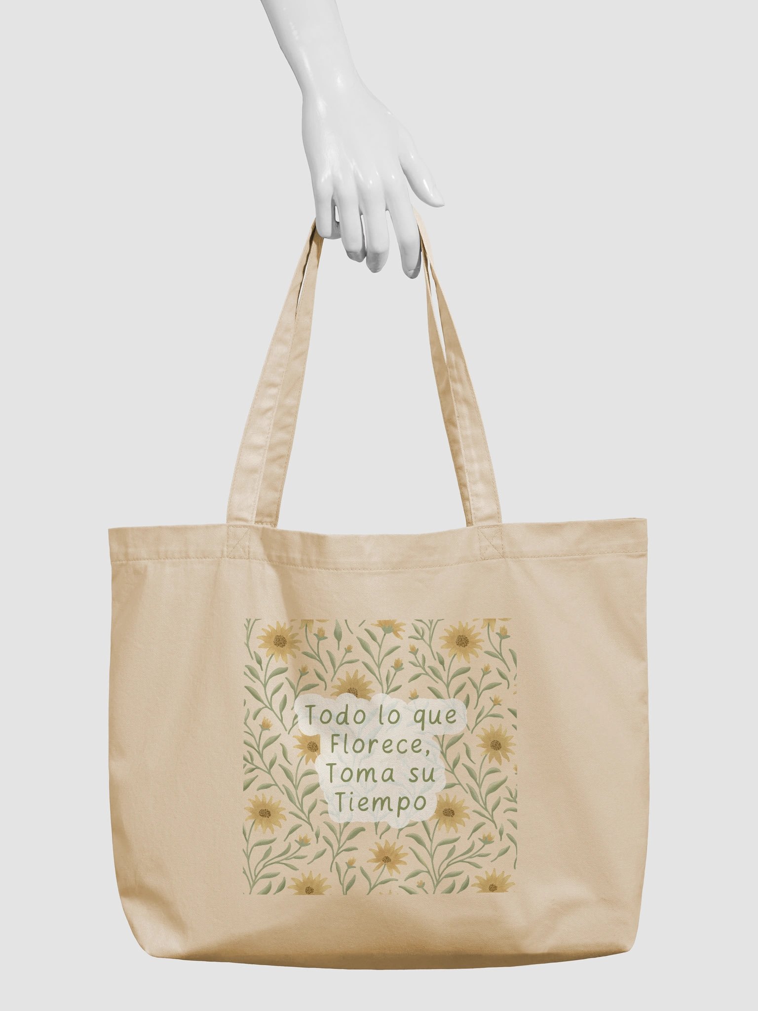 Organic cotton tote bag with golden field floral design. Inspirational quote in spanish & english product image (3)