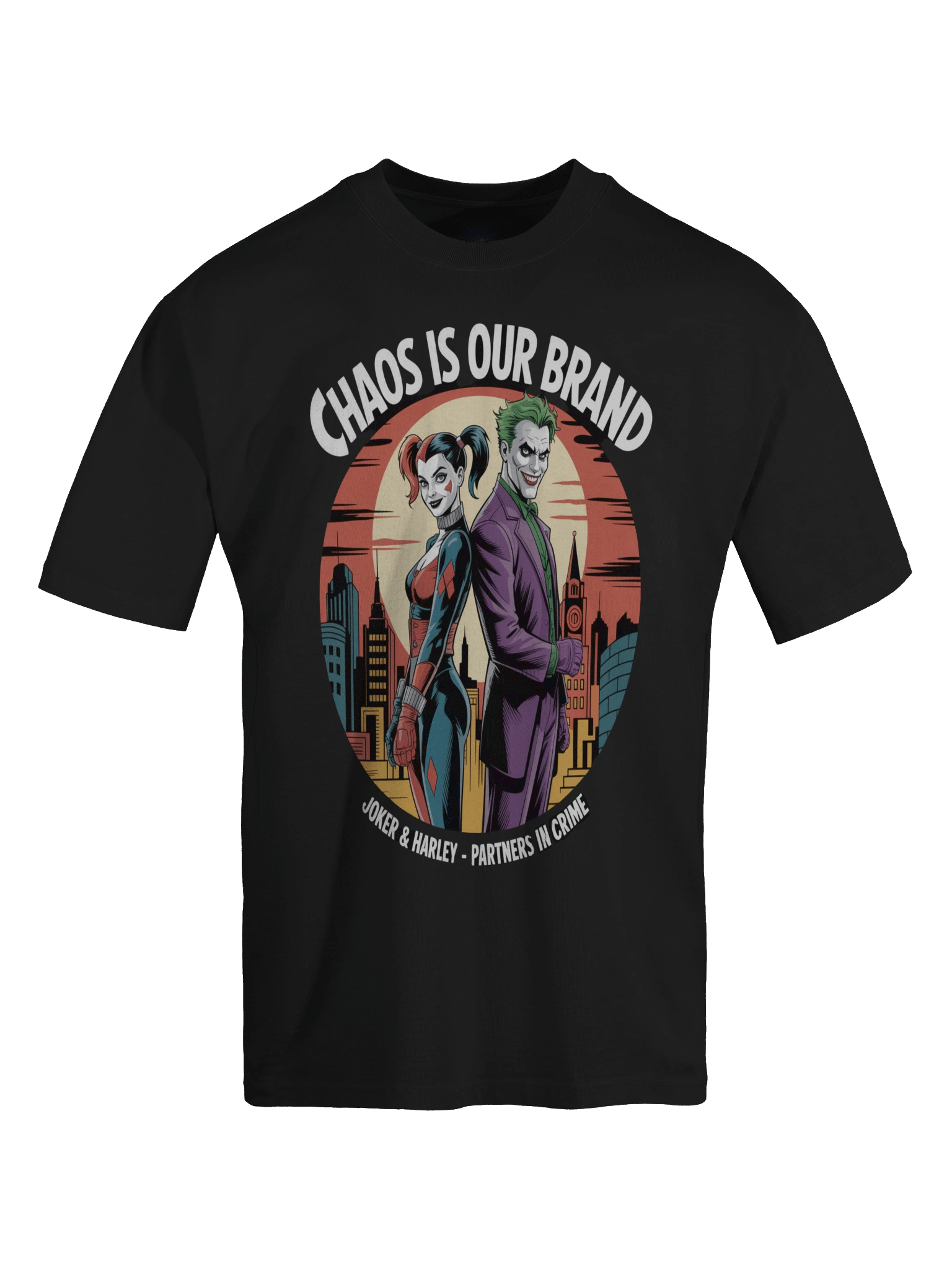 Chaos is Our Brand: Joker & Harley Gotham Twilight Partners Oversized Faded Unisex T-Shirt product image (1)