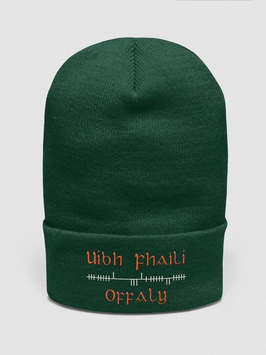 Offaly/Uíbh Fhailí Orthodox style Ogham, Green with white and orange, embroidered Cuffed Beanie product image (1)