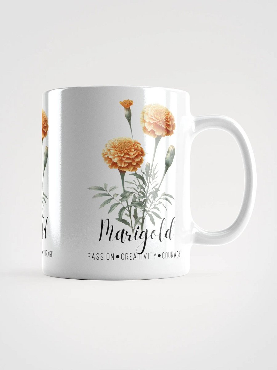 Marigold Ceramic White Mug: Passion, Creativity, Courage October Birth Month Flower product image (3)
