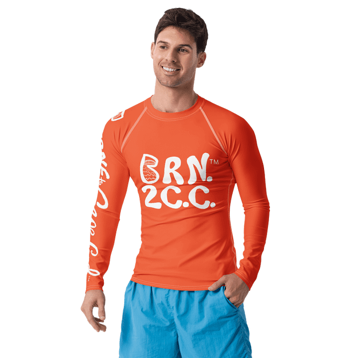 BRN.2C.C.™ /BOURNE to Cape Cod™ | Men’s Long Sleeve Rash Guard | UPF 50+ Active Coastal Shirt | White Logos on Outrageously Orange product image (1)