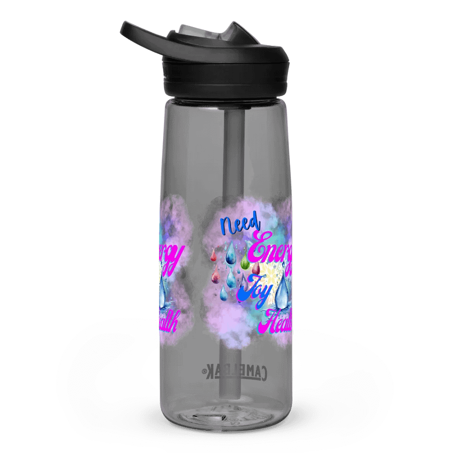 Camelback water bottle with beautiful swirly blue water  splash and drops design featuring ' Need  Energy Love Health