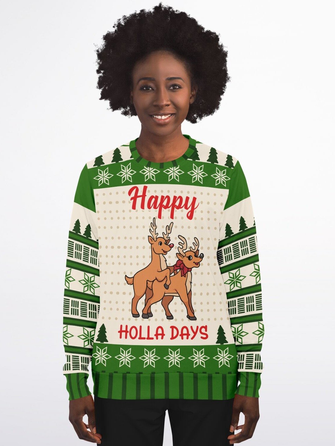 "Happy Holla Days" Funny Reindeer Christmas Sweatshirt | Cheeky Holiday Graphic Sweater | Playful Christmas Party Outfit product image (5)
