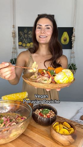 Vegan Peruvian Ceviche! In this version I use oyster mushrooms in place of fish, and nori to the Leche de Tigre for a “fish” ...