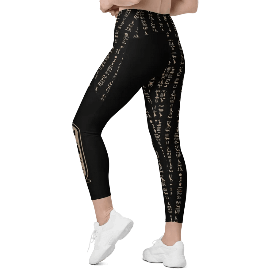 Nefertiti Black Hieroglyphs All-Over Print Crossover Leggings with Pockets product image (6)