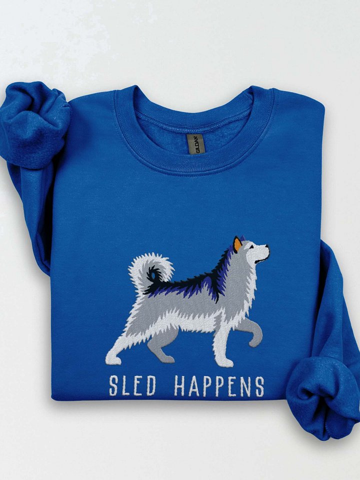 Sled Happens Sweatshirt (Embroidered) of an Alaskan Malamute(Gray & White) product image (1)