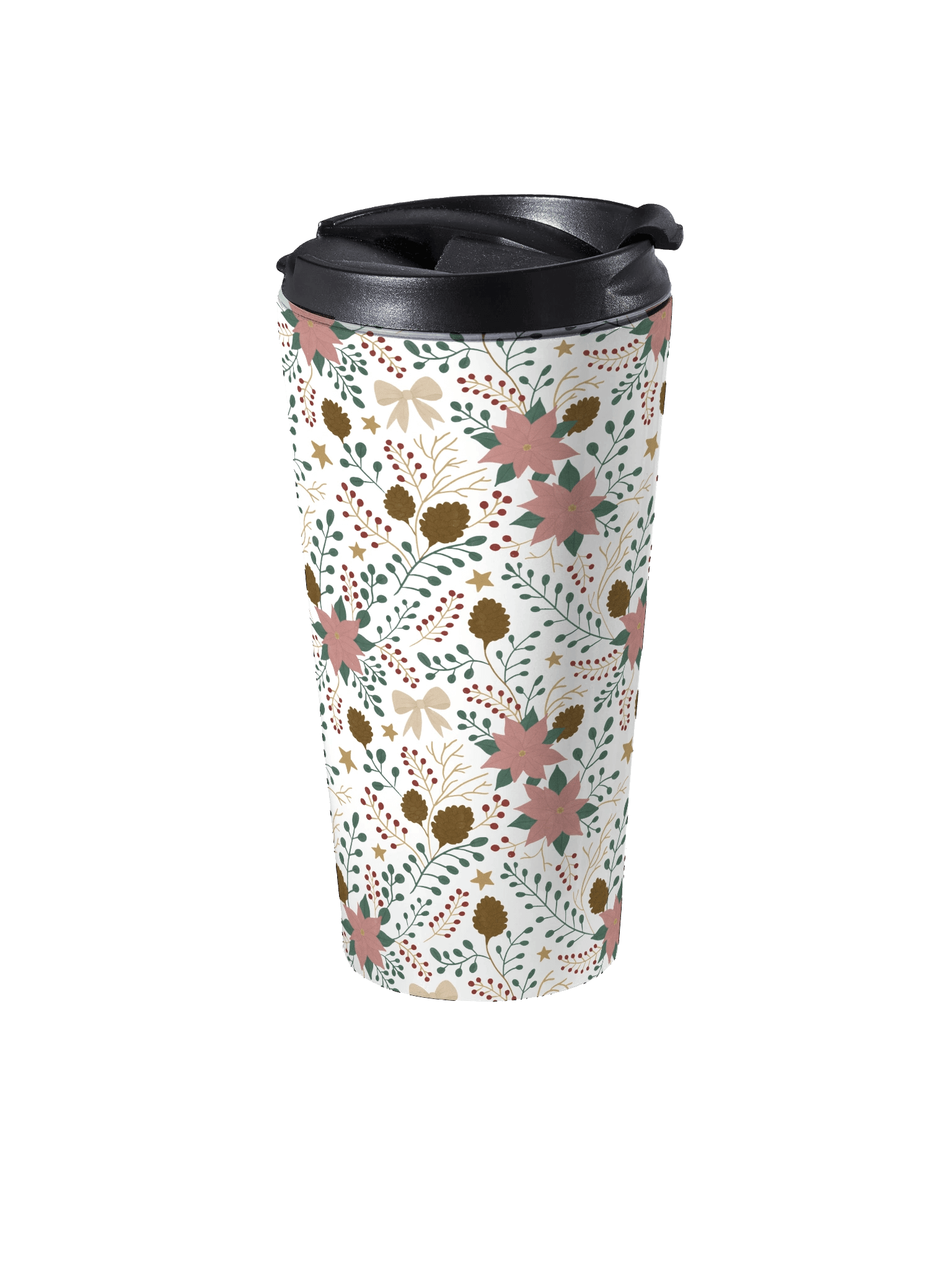 Stainless steel travel mug enchanted forest blooms. Botanical Christmas travel mug with poinsettias and winter florals product image (2)
