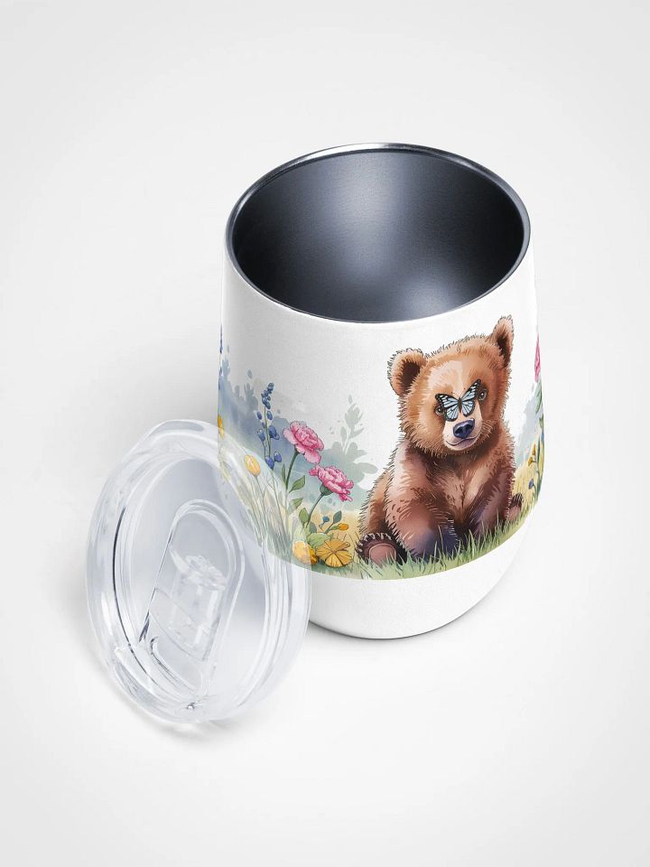 Butterfly Kisses Bear Cub 12 Oz Wine Tumbler - Adorable Brown Bear with Butterfly & Floral Design product image (2)