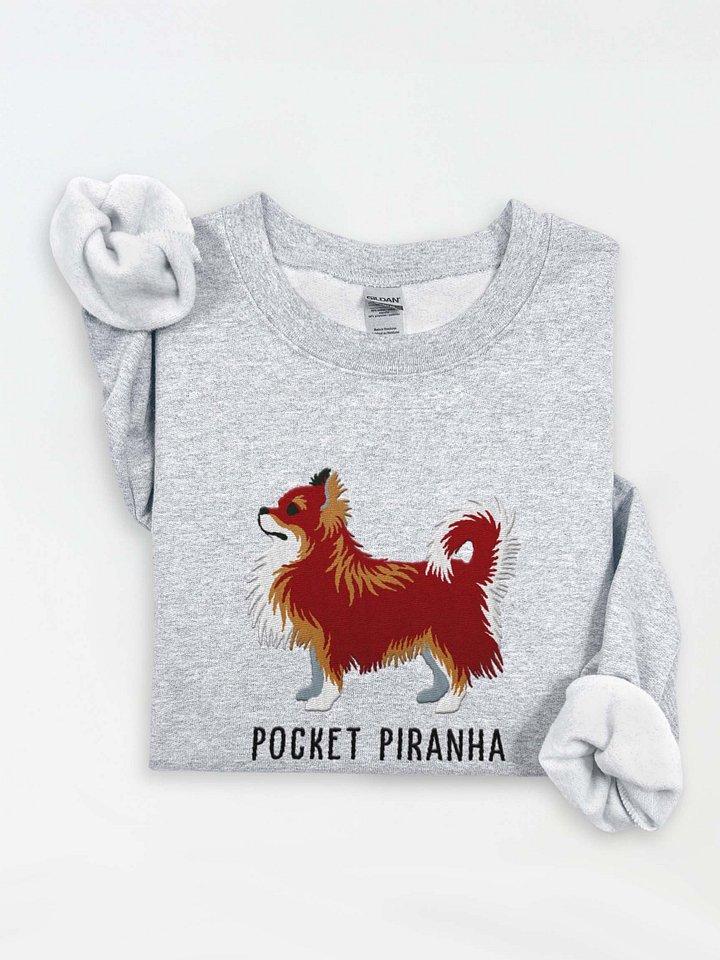 Pocket Piranha Sweatshirt (Embroidered) of a Longhaired Chihuahua(Chocolate) product image (1)
