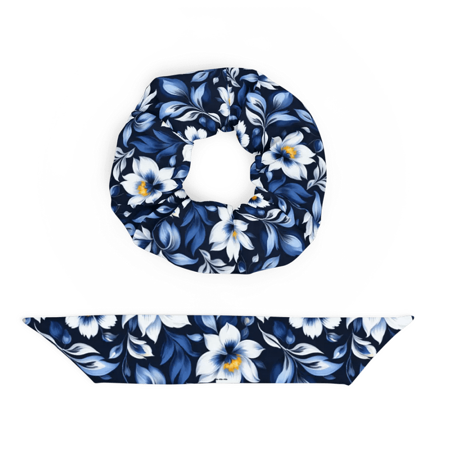 Hair Scrunchie - Floral Pattern in Blue and White on a Dark Blue Background product image (5)