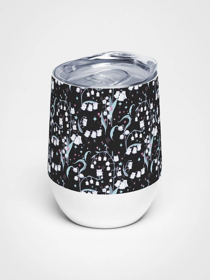 Kitty Ghost Garden of Dreams kawaii Lilies of the Valley Wine Tumbler-- Cute and Cozy on-the-go Sips (Dark) product image (1)