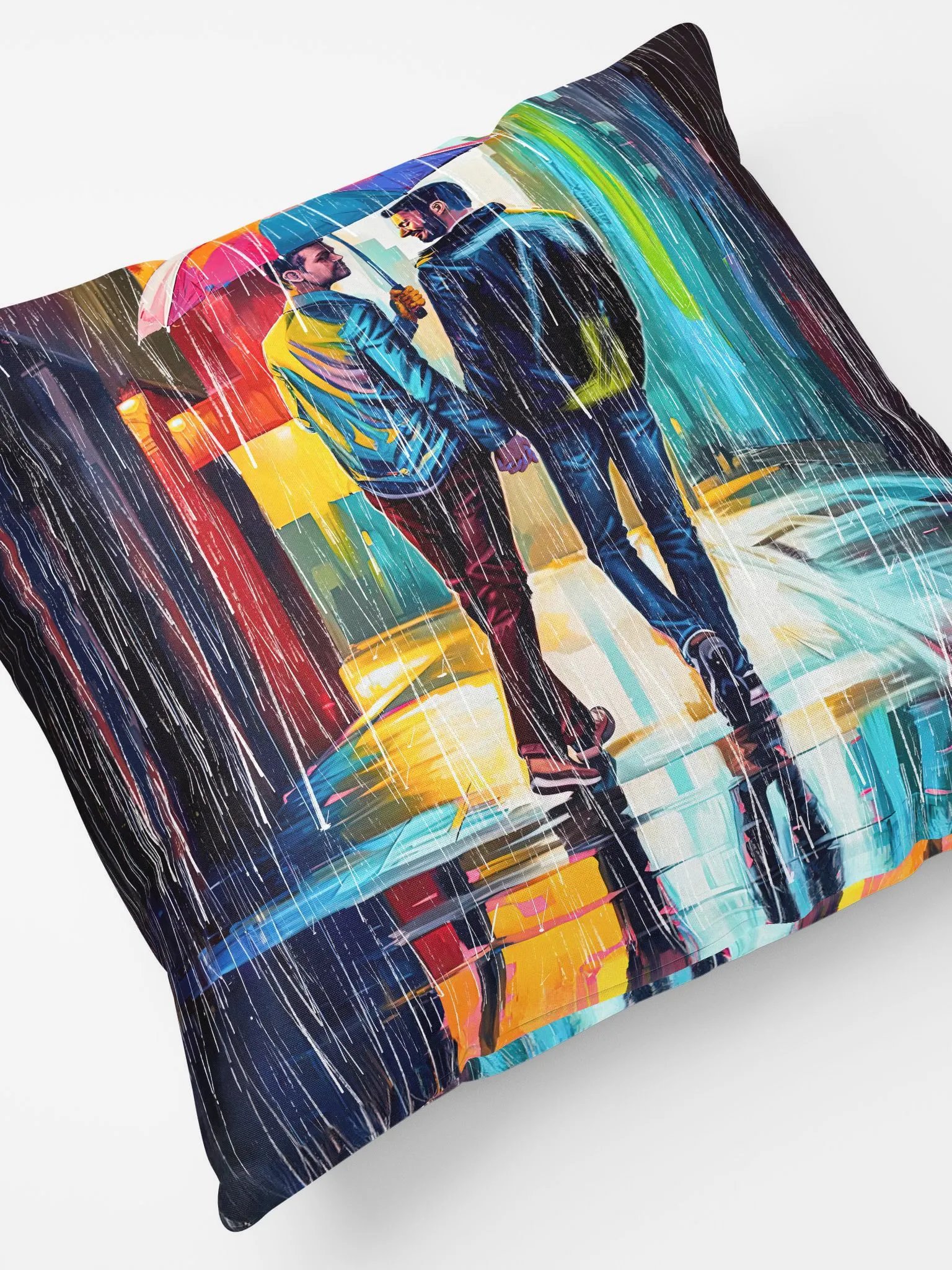 Gay Couple In The Rain – Colorful Two Hearts Throw Pillow product image (5)