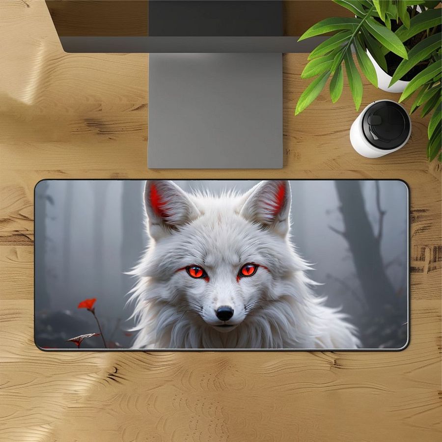 Mystical White Fox Deskmat | Enchanting Red-Eyed Fox Design product image (1)