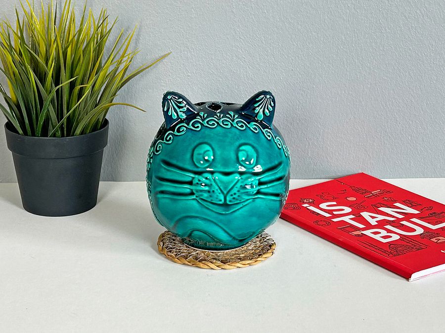 Ceramic cat, Turkish Totoro, turquoise candle holder — handmade pottery, handmade ceramic, home decor, handmade gift, Turkish ceramic product image (4)