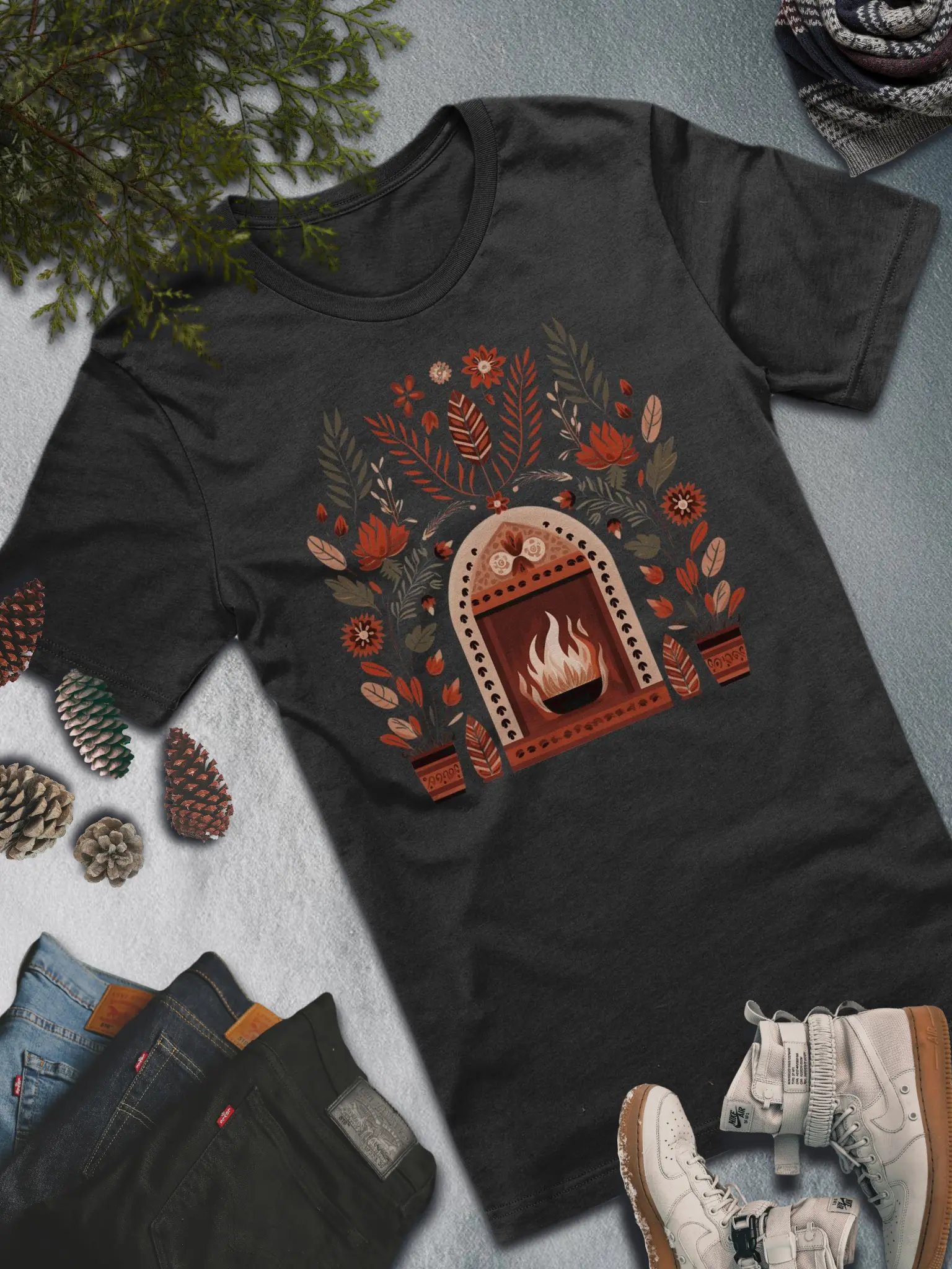 Cozy Fireplace T-Shirt – Warm and Artistic Winter Fashion product image (5)