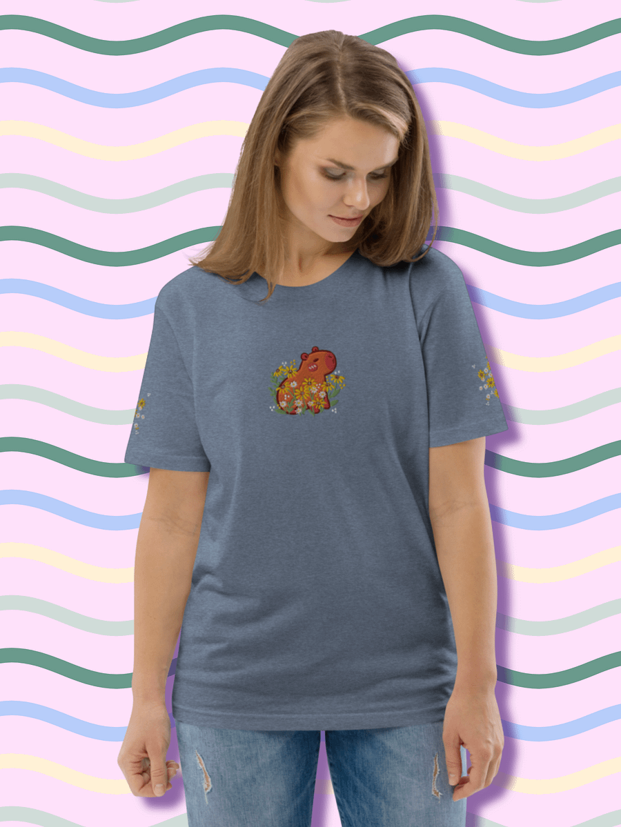 Whimsical Capybara and Daisy Flower Embroidered T-Shirt product image (3)