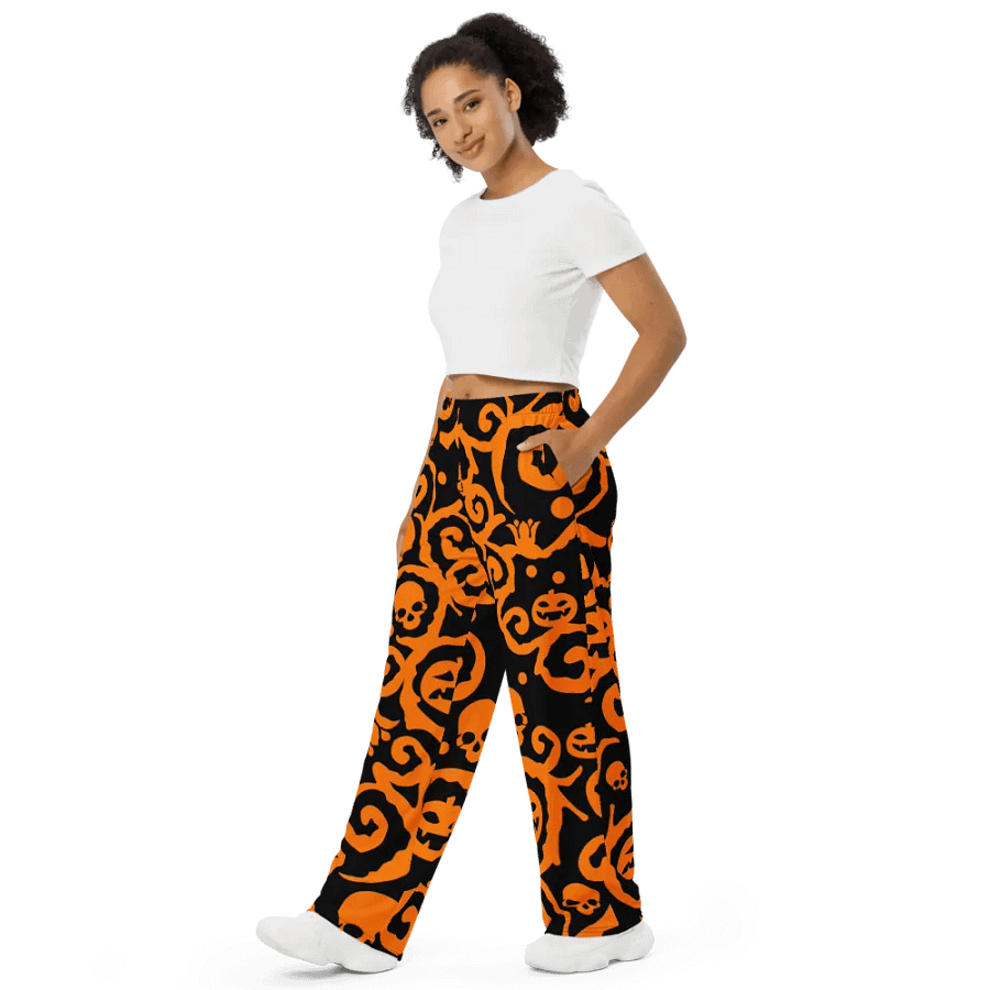 Orange & Black Scary Pumpkins Skull Unisex Wide-Leg Pants product image (4)