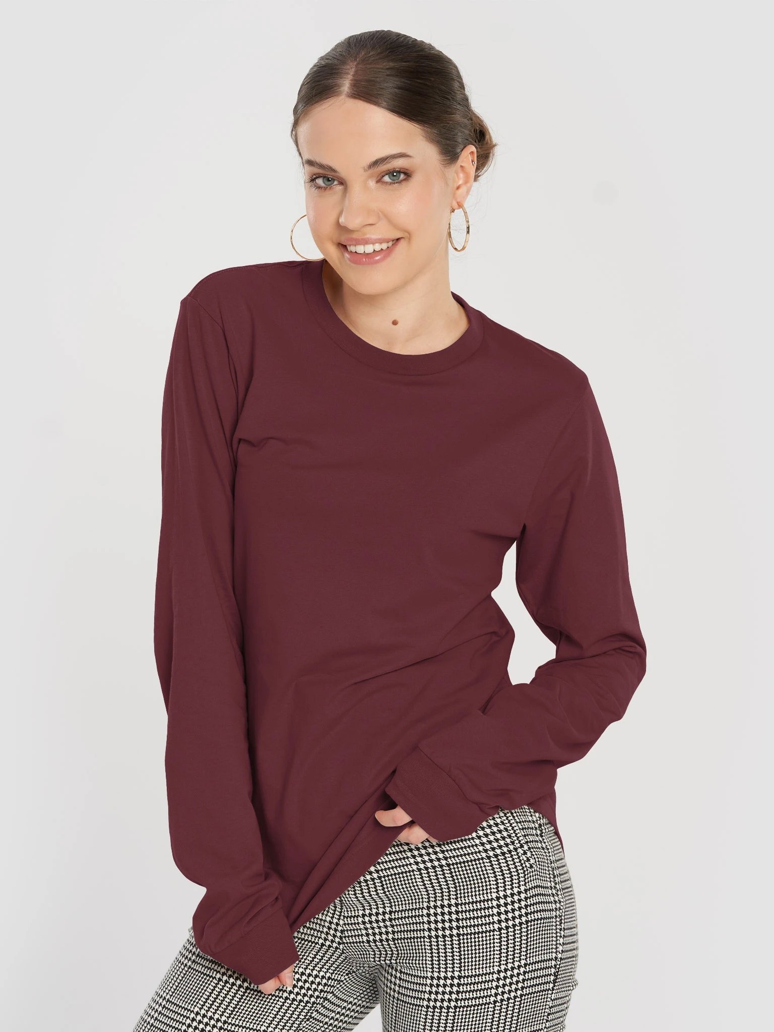 Plain Color Maroon Long Sleeve T-Shirt product image (1)
