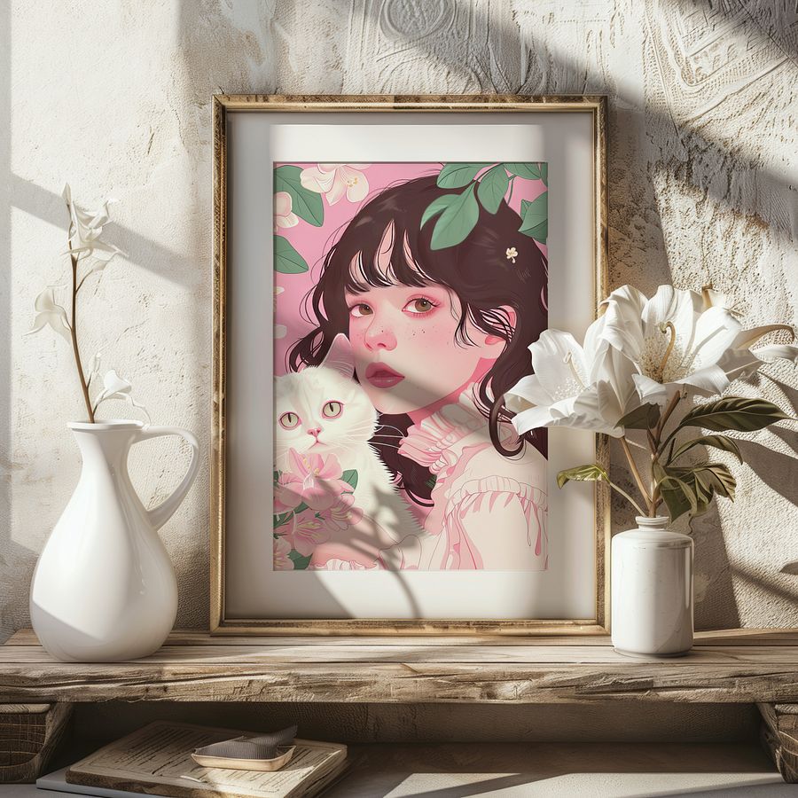 Girl with White Cat Portrait Coquette Art Print product image (23)