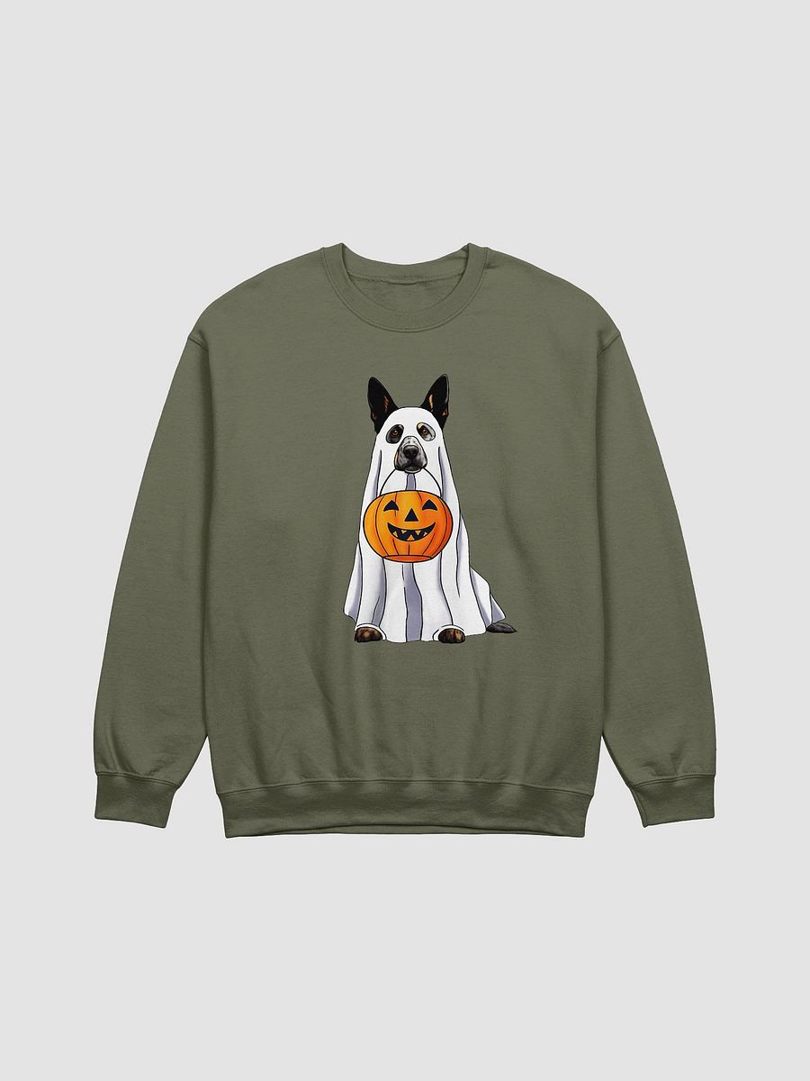 Australian Cattle Dog Halloween Sweatshirt | Funny Halloween Blue Heeler Wearing a Ghost Costume with Pumpkin Basket product image (21)