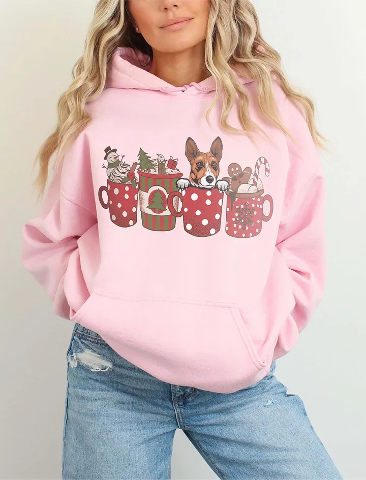 Cute Basenji in a Christmas Cup Hooded Sweatshirt | Funny Christmas Pup in a Cup product image (6)
