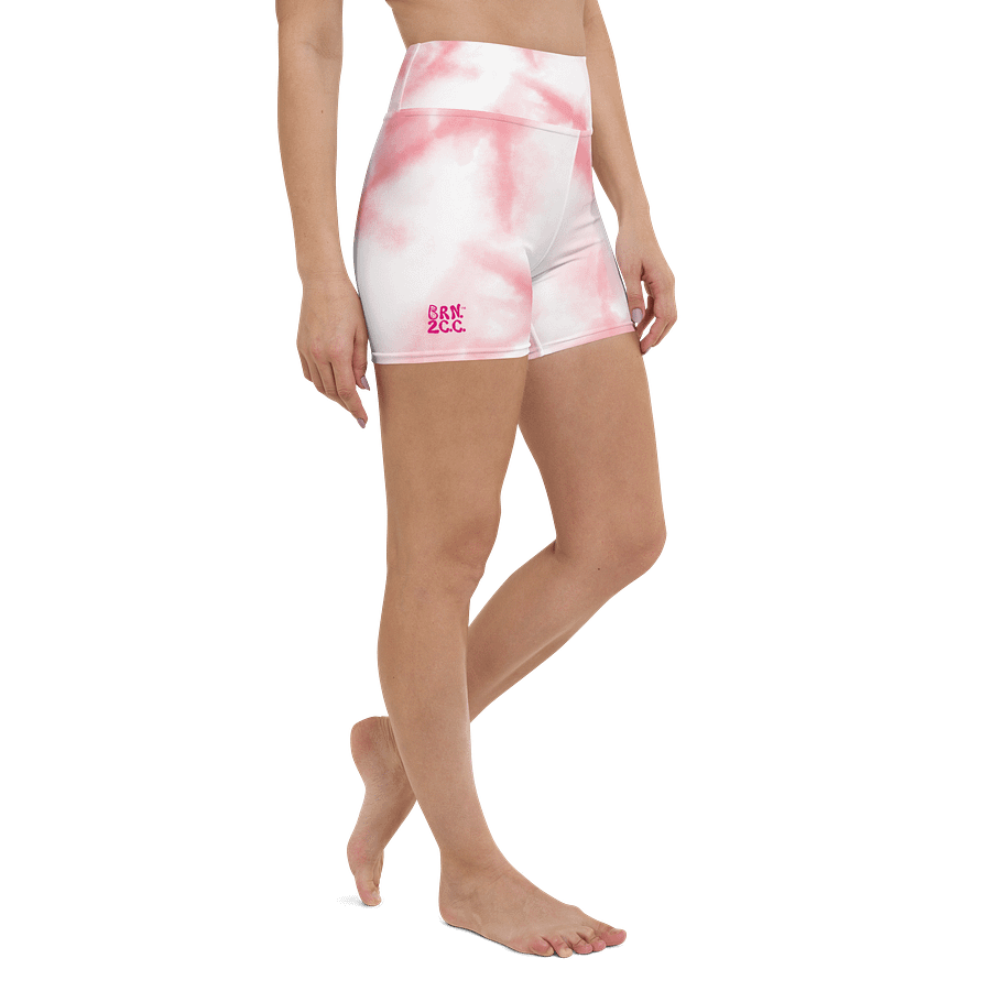 All-Over Print Yoga Shorts | with Inside Pocket | BRN.2C.C.™ | Coastal-Inspired Activewear | Vibrant Pink Logo on Pink Tie-Dye product image (5)