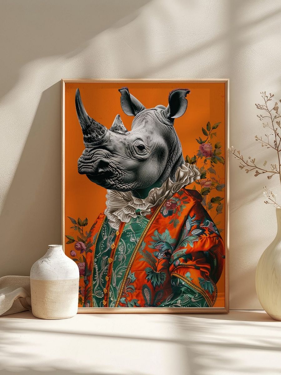 Rococo Rhino Portrait Burnt Orange Animal Fashion Art Print product image (6)