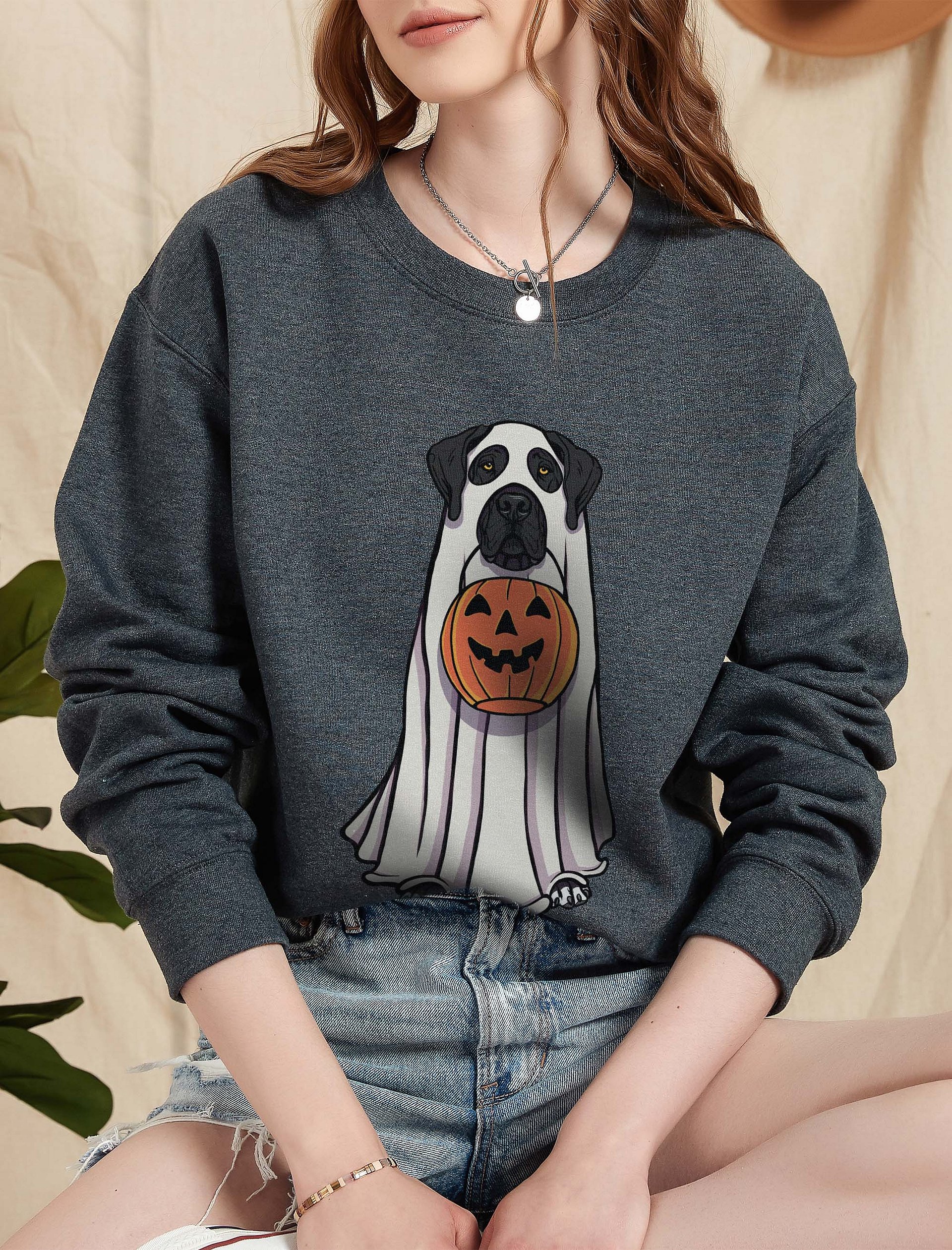 Funny Halloween Great Dane(Black) Sweatshirt | Funny Great Dane Wearing a Ghost Costume and Holding a Pumpkin Basket product image (1)