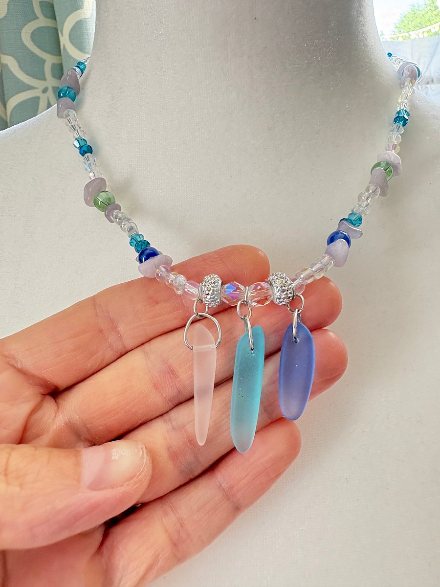 Tri-Sea Glass Pendant Necklace | Coastal Blues & Glass Beads | Handmade Coastal Charm Jewelry by Monique Faella Designs™ | MFD-00032 product image (3)