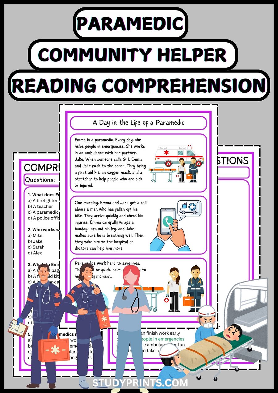 Paramedic Community Helper Reading Comprehension Worksheet product image (1)
