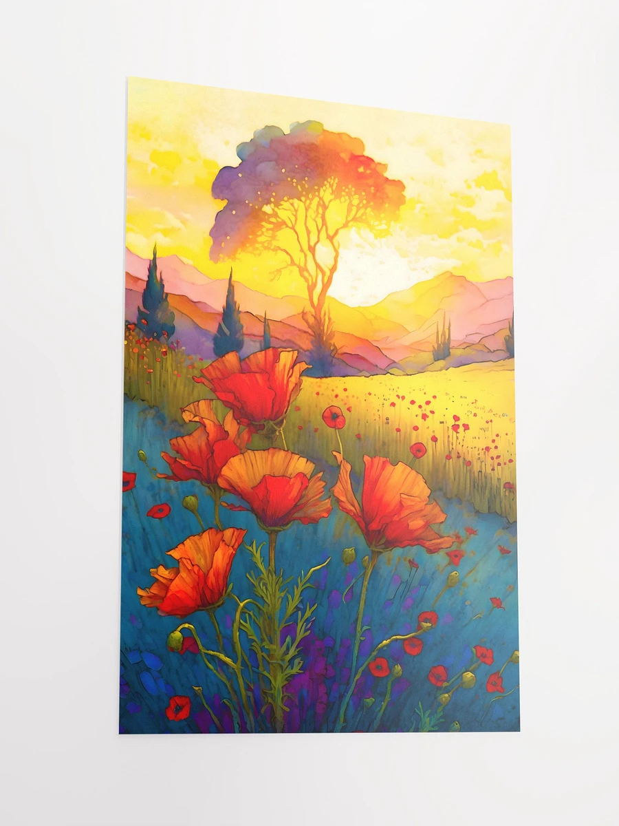 Red Poppies Blooming in Colorful Meadow at Sunset Watercolor Art Matte Poster product image (4)