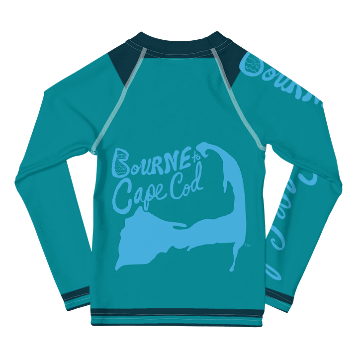 Boys' | Kids Rash Guard | BRN.2C.C.™ Front Print | BOURNE to Cape Cod™ Back & Sleeve Logo | Coastal UV Shirt for Active Kids | Slim Fit Swim Top | Blue Logo on Blue Stripes product image (2)