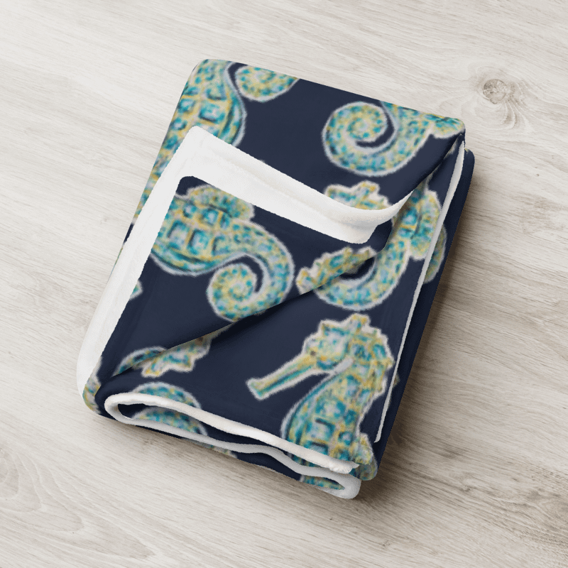 Painted Seahorses on Navy | Cozy Coastal Throw Blanket | by Monique Faella Designs™ product image (8)