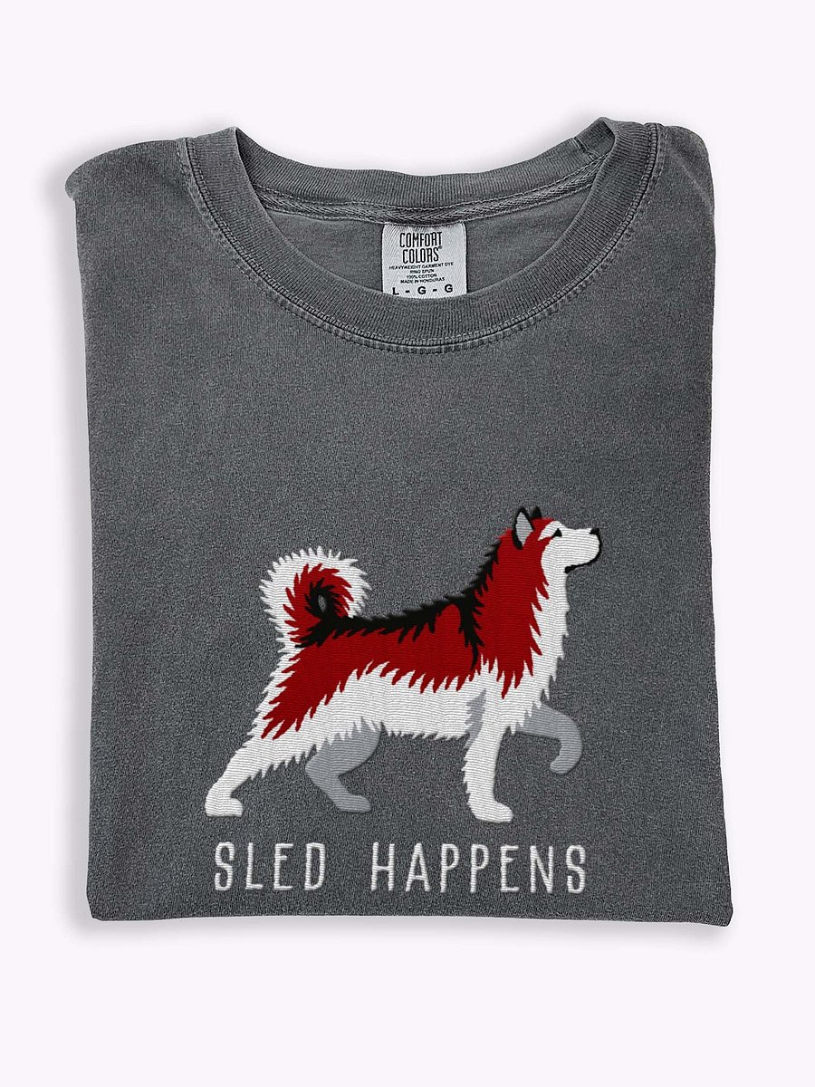 Sled Happens T-Shirt(Embroidered) of an Alaskan Malamute(Red & White) product image (1)