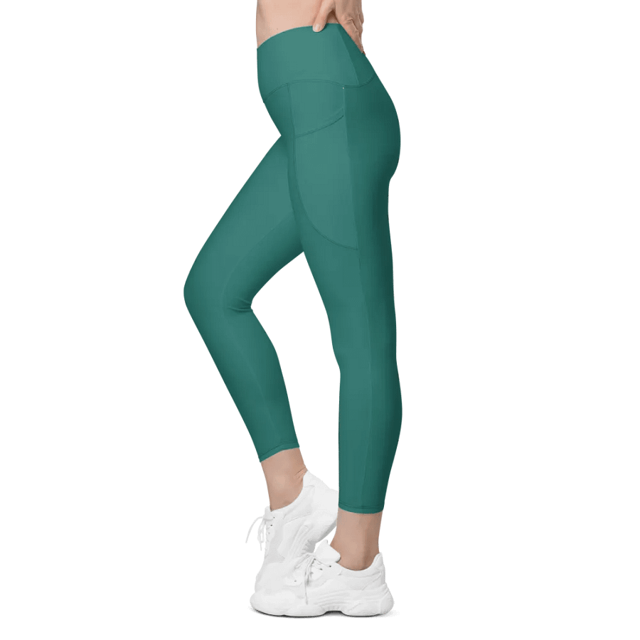 Plain Medium Teal Green True Summer Women's High Waisted Premium Crossover Leggings with Pockets by Treasure Pie product image (6)