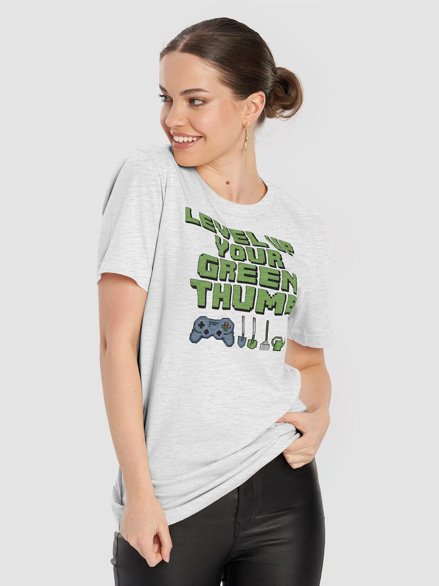 “LEVEL UP YOUR GREEN THUMB” t-shirt, gaming and gardening icons, planting skills tee, virtual gardening pride, classic gaming symbols, green thumb, garden lover, gamer lover, unique gift product image (8)