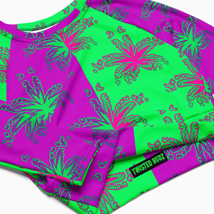 Pot Leaf Print Recycled Long-Sleeve Crop Top, 420 Stoner Circus Stripe Shirt, Cannabis Summertime Purple Mint Green Ganja Weed Beach Fashion product image (1)