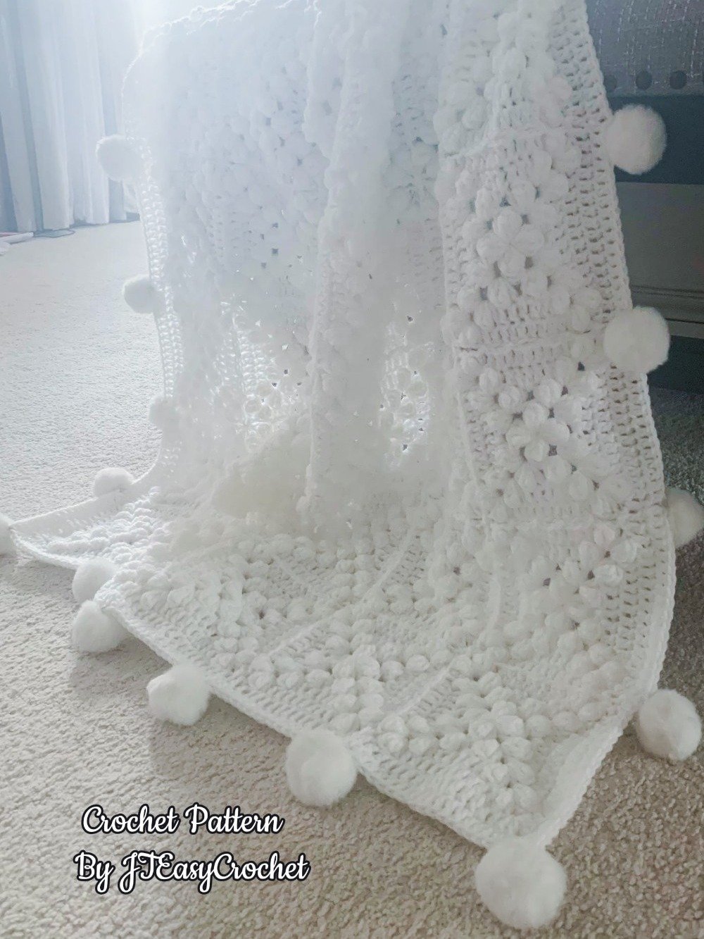 Granny Square Blanket With Poms, Easy Crochet Pattern & VIDEO, Textured Crochet Throw Home Decor, Baby Gift product image (5)