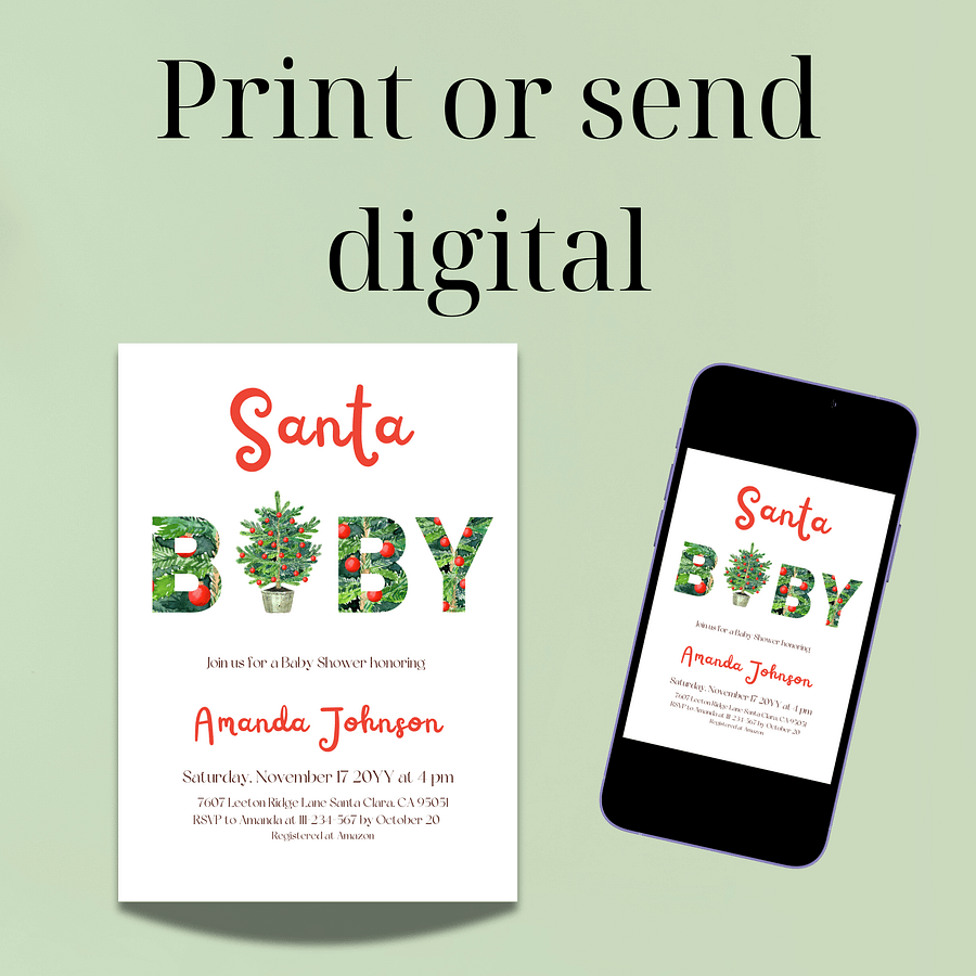 Santa Baby Shower Invitation for Christmas Tree Themed Party, Digital Download Winter Gender Neutral Green Baby Shower Invite Canva Template product image (9)