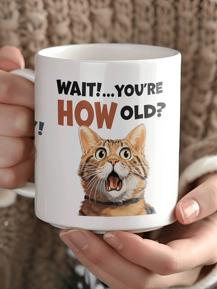 "You're HOW old?" Shocked dog, mouse and cat. White glossy mug product image (1)