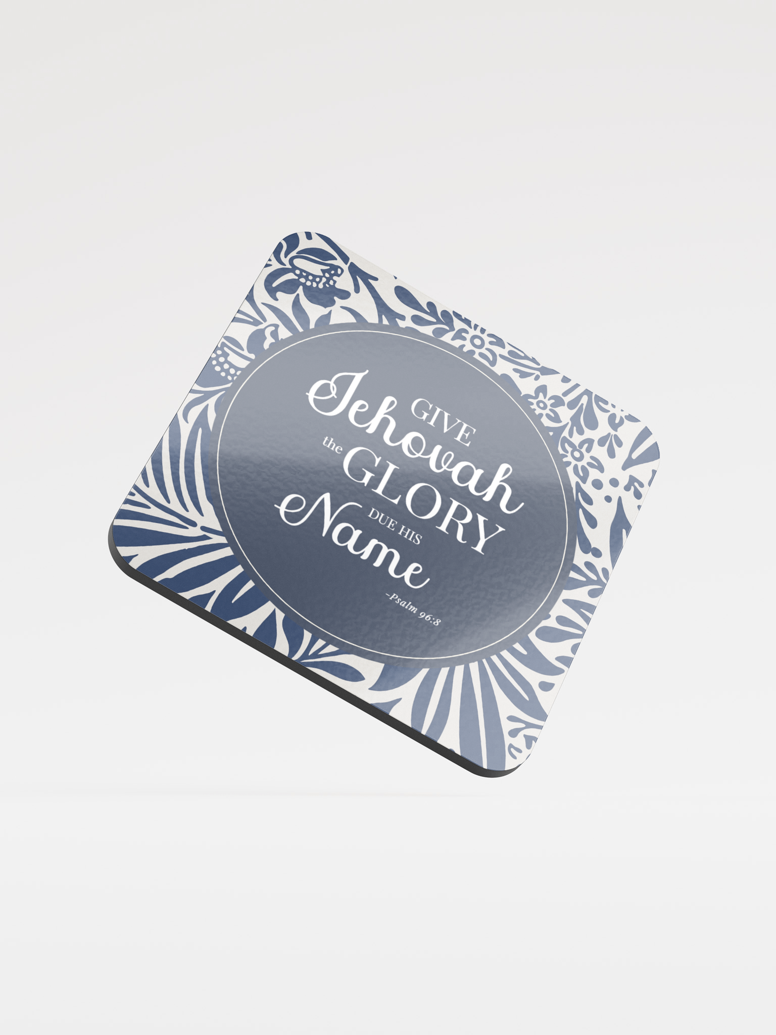 Psalm 96:8 Bible Verse Coaster – "Give Jehovah the Glory" – Navy Blue Floral Design, Cork & Glossy MDF product image (4)