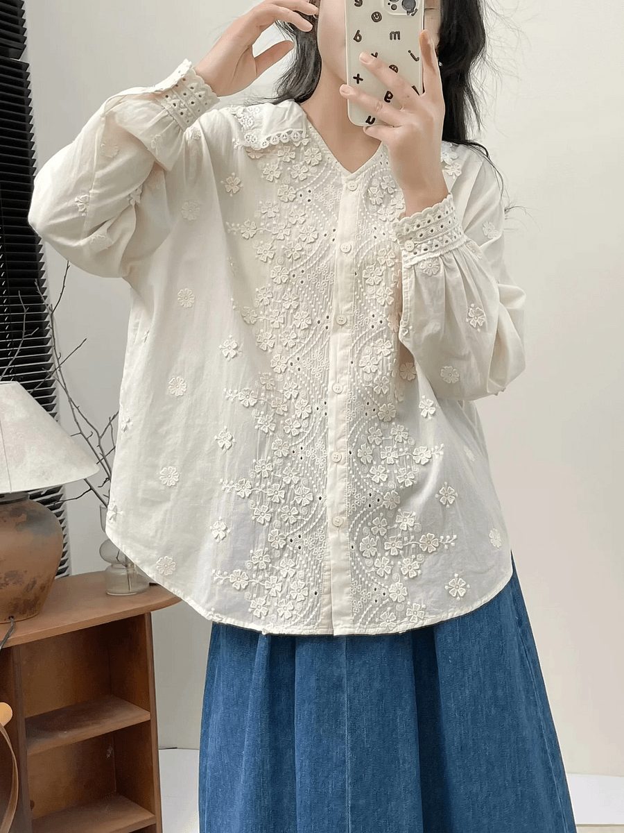 Three-dimensional Flower Embroidered Lapel Single-breasted Long Sleeve Shirt For Women product image (8)