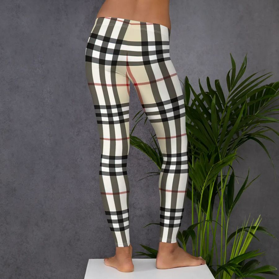 Classic Beige Plaid Leggings: Timeless Tartan Print Women's Fashion Pants product image (6)