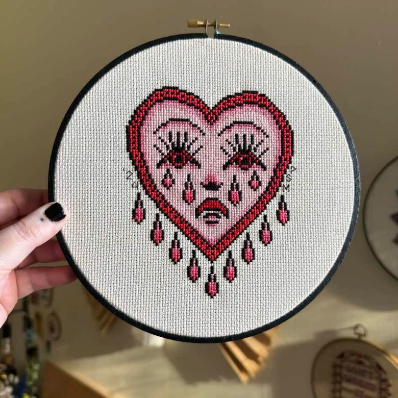 Monochrome Pink Crying Heart Cross Stitch product image (1)