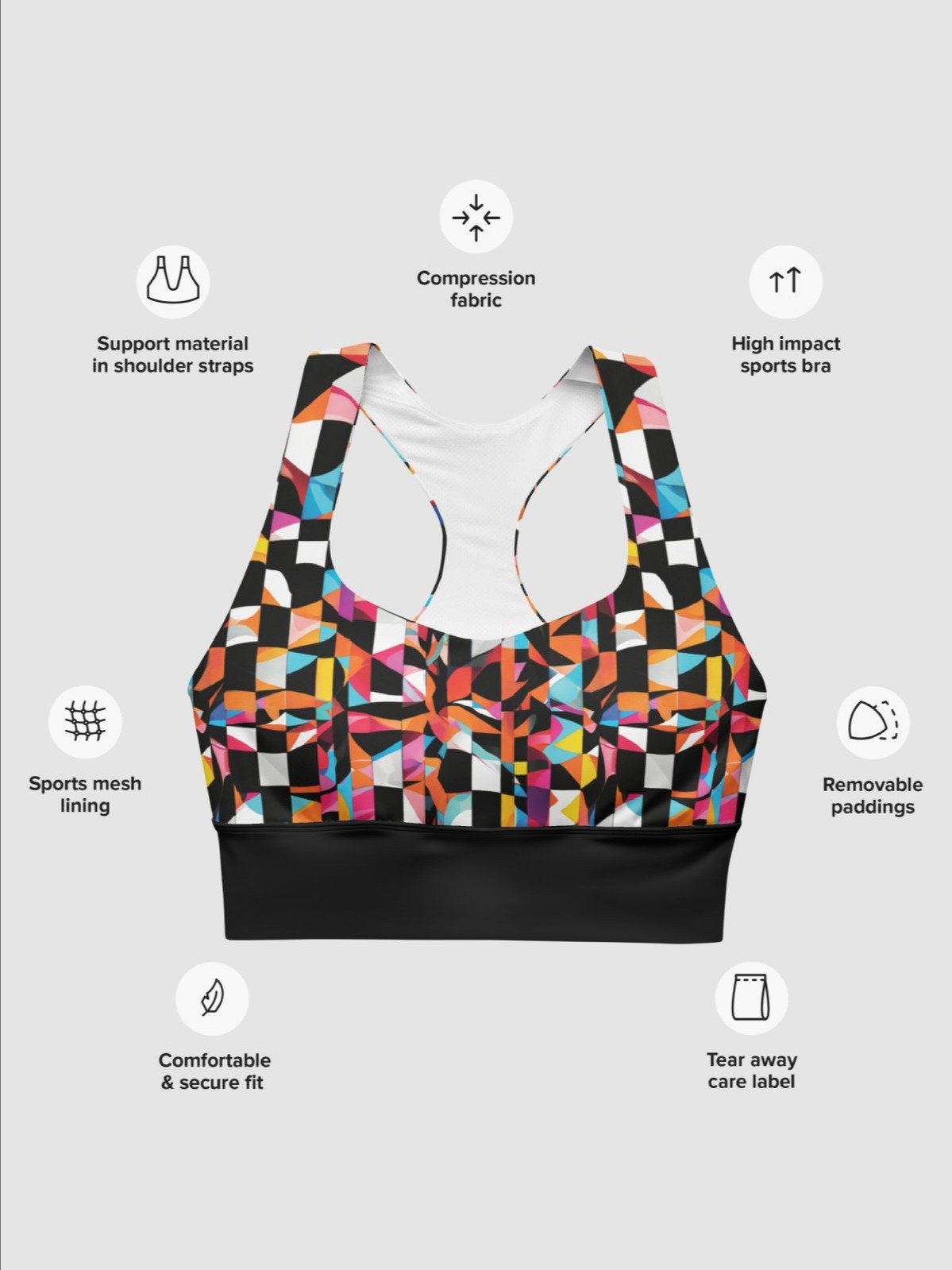 High-Impact Bra "Colorful Modern Abstract Checkered Art Printed" product image (5)