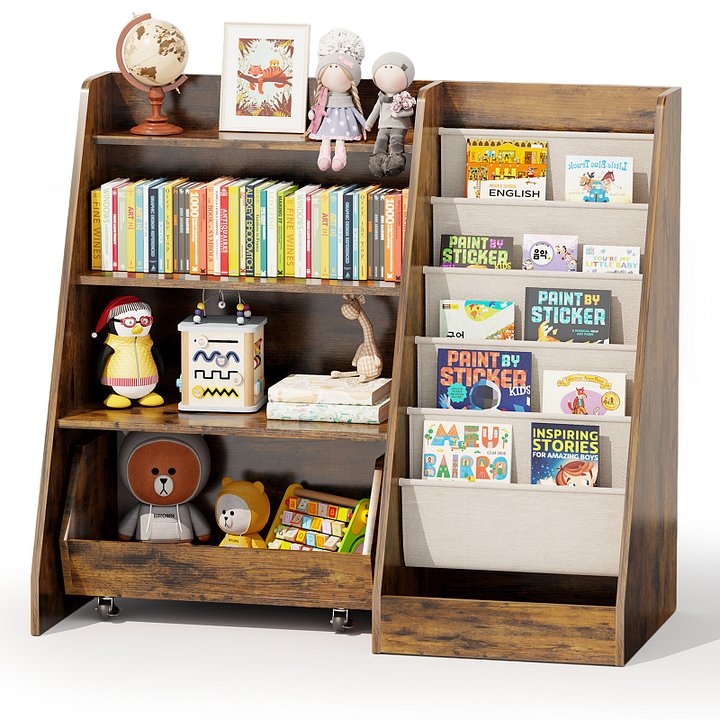 4-Tier Kids Bookshelf and Toy Storage, Book Shelf for Kids Rooms, Wooden bookcase for Toddler Children Baby in Nursery Playroom Living Room - Idea Gifts for Boys and Girls (Brown product image (1)