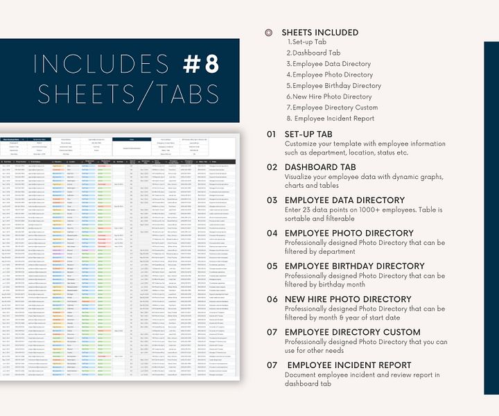750+ Employee Directory Spreadsheet, Google Sheet Template, Employee Photo Directory, HR Dashboard, Incident Report and Extended Database product image (2)